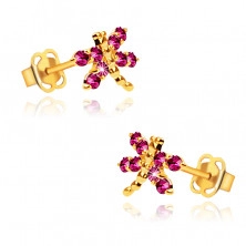 Stud earrings made of 9K yellow gold, dragonflies, dark pink zircons
