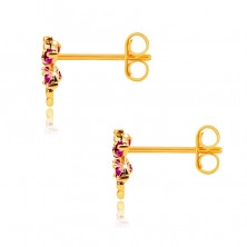 Stud earrings made of 9K yellow gold, dragonflies, dark pink zircons