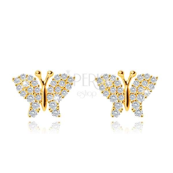 Earrings made of yellow 9K gold, butterfly, wings decorated with clear zircons, studs