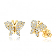 Earrings made of yellow 9K gold, butterfly, wings decorated with clear zircons, studs