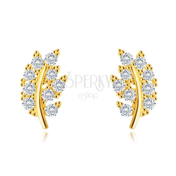 9K stud earrings – leaf paved with glittery round clear zircons