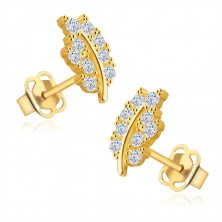 9K stud earrings – leaf paved with glittery round clear zircons