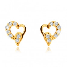 Asymmetric earrings made of yellow 9K gold, heart with teardrop, clear zircons, studs