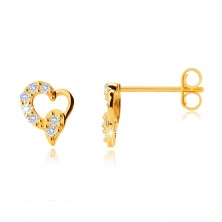 Asymmetric earrings made of yellow 9K gold, heart with teardrop, clear zircons, studs