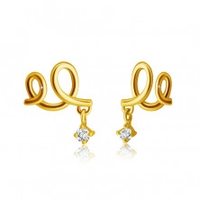 Stud earrings made of yellow 9K gold - double loop, clear zircon