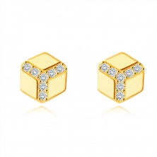375 Golden earrings – hexagon with a smooth surface, round clear zircons, studs