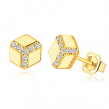 375 Golden earrings – hexagon with a smooth surface, round clear zircons, studs