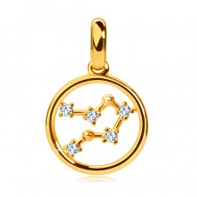 Round 14K gold pendant, zodiac constellation "Gemini", clear zircons