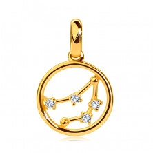 585 gold pendant, circle, zodiac constellation "Capricorn", clear zircons, smooth surface