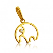 9K yellow gold pendant - elephant contour with trunk, clear zircon