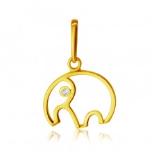 9K yellow gold pendant - elephant contour with trunk, clear zircon
