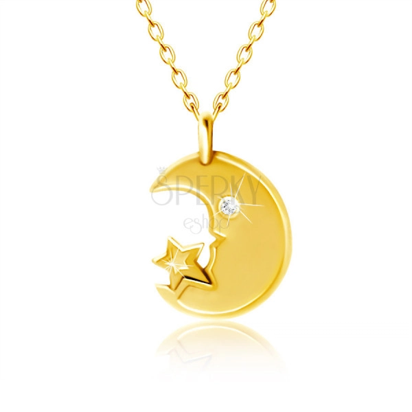 Necklace in yellow 9K gold - moon with clear zircon eye, star