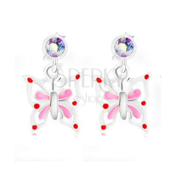 925 silver earrings, butterfly with white-pink wings, rainbow crystal