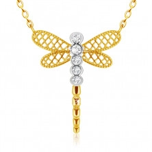 Pendant made of combined 9K gold - dragonfly with lattice wings, clear zircons