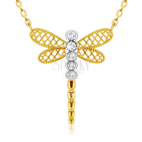 Pendant made of combined 9K gold - dragonfly with lattice wings, clear zircons