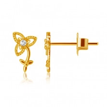 Stud 9K yellow gold earrings - three-petalled flower with stem and leaves, clear zircon