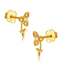 Stud 9K yellow gold earrings - three-petalled flower with stem and leaves, clear zircon