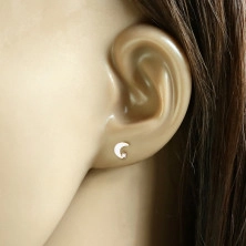 Stud earrings in yellow 9K gold - flat moon, round zircon of clear color