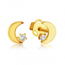 Stud earrings in yellow 9K gold - flat moon, round zircon of clear color