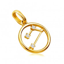 Pendant made of yellow 14K gold, zodiac constellation 'Aries', circle, clear zircons