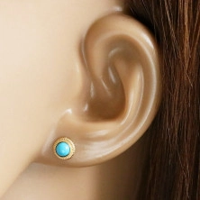 9K Golden earrings – circle with bordering, blue synthetic turquoise, studs