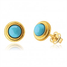 9K Golden earrings – circle with bordering, blue synthetic turquoise, studs