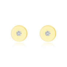 Earrings made of 9K yellow gold – flat circle with a clear zircon, shiny and smooth surface