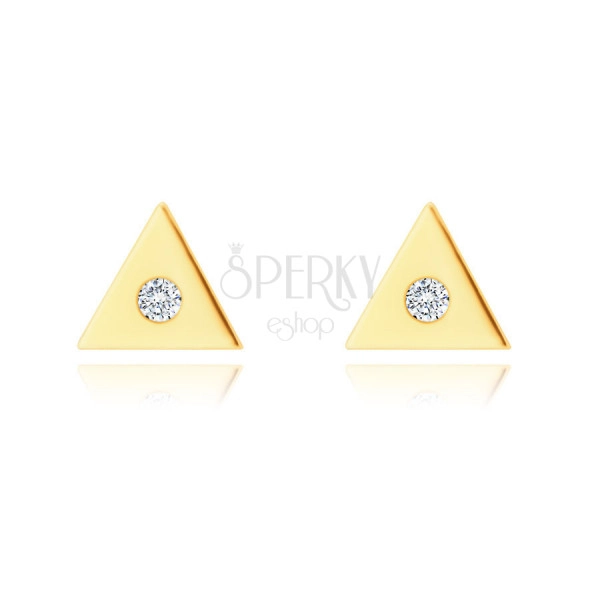 9K Golden earrings – small triangle with a clear zircon in the centre, studs