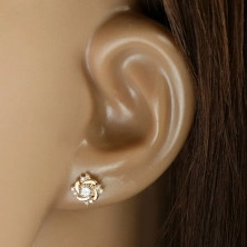 Stud 9K earrings – glittery round clear zircon, twisted shoulders