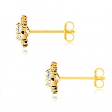 Stud 9K earrings – glittery round clear zircon, twisted shoulders