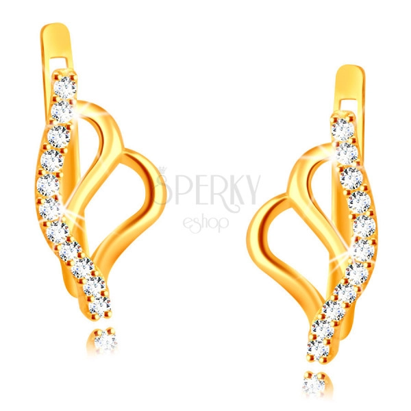 Earrings made of 375 yellow gold – butterfly wings contour, strip adorned with round zircons