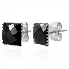 Earrings made of 316L steel - black cut zircon square, 9 mm