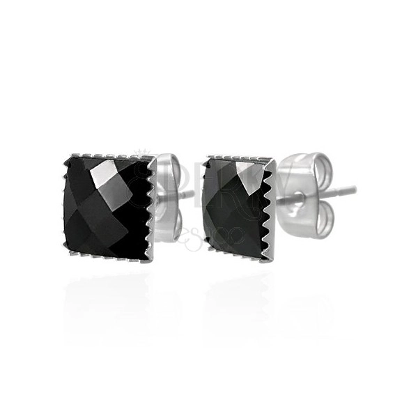 Earrings made of 316L steel - black cut zircon square, 9 mm