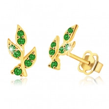 9K yellow gold earrings - stem with petals, shiny zircons of green color