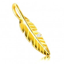 Pendant made of 9K gold – shiny engraved feather, zircon
