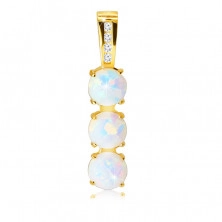 Pendant made of 9K gold – narrow strip, mounts with synthetic opals, clasp with zircons