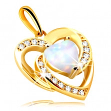 Pendant made of 9K gold – heart made of white synthetic opal with rainbow reflections, round zircons