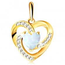 Pendant made of 9K gold – heart made of white synthetic opal with rainbow reflections, round zircons