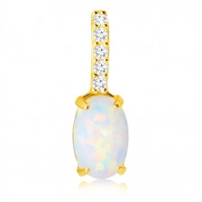 Pendant made of 9K gold – oval synthetic opal with rainbow reflections, tiny glittery zircons