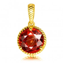 Golden pendant in 9K gold – round red garnet, knurled edging