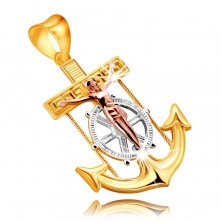 Pendant in combined 9K gold – naval anchor with Jesus on a cross