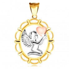 Pendant made of combined 9K gold – praying angel with a heart in his hands, in oval frame