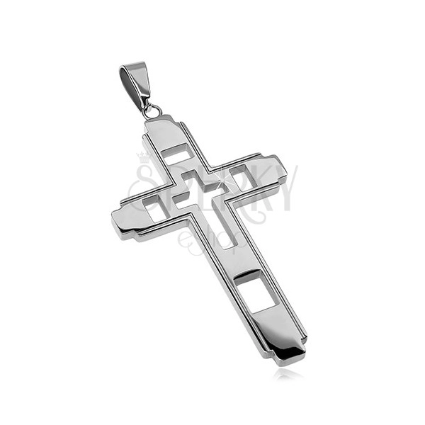 Surgical steel pendant, big cross with cutout cross
