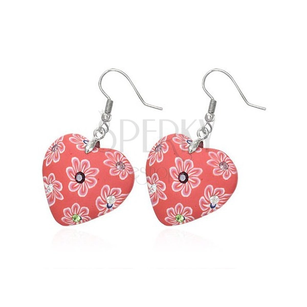 Fimo earrings - red hearts with zircons