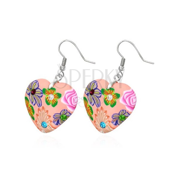 Fimo earrings - pink hearts with colourful flowers