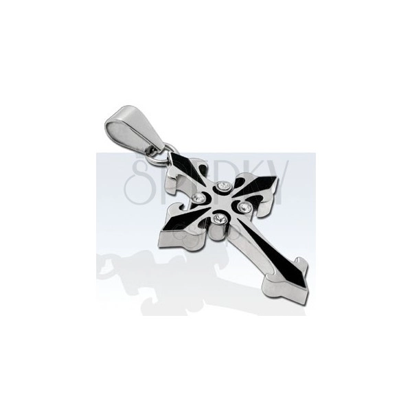 Pendant made of surgical steel, bicoloured cross with four zircons