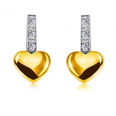 Brilliant earrings made of 14K combined gold - strip with diamonds, smooth heart, studs