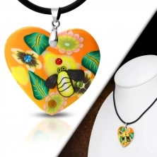 Necklace FIMO - orange heart with flowers and bee