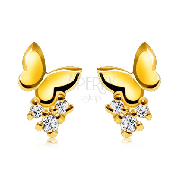 Brilliant earrings made of yellow gold 585 -full mirror-polished butterfly, round clear diamonds, studs