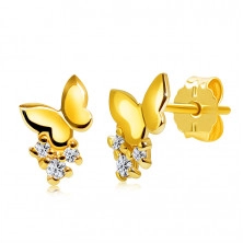 Brilliant earrings made of yellow gold 585 -full mirror-polished butterfly, round clear diamonds, studs